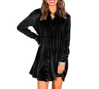 Caitefaso Womens Velvet Button Down T Shirts Swing Mini Dress Casual Long Sleeves Lapel Tunic Tops - Black - Large