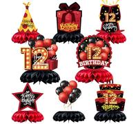 Caiwowo 8pcs 12th Birthday Table Decorations Honeycomb centerpieces Red and Black 12th Birthday Party Favors for Women Men Birthday Party