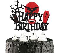 Caiwowo Vampire Halloween Happy Birthday Cake Topper - Black Glitter Zombie Horror Cake Topper - Have a Bite Kids Birthday Cake Decorations