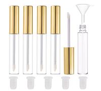 CAIYA 5PCS Empty Lip Gloss Tubes, 10ml Empty Lip Glaze Bottle with Rubber Stoppers, Transparent Refillable Lip Gloss Containers DIY Makeup Lipgloss Making Kit, Gold-5PCS