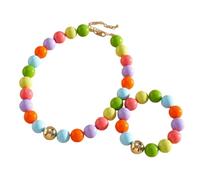 Caiyao 2Pcs Colorful Acrylic Round Beaded Choker Necklace Bracelets Set Vintage Adjustable Resin Candy Color Beads Statement Necklaces for Women Boho Costume Party Summer Vacation Jewelry Gifts