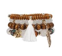 Caiyao 4Pcs Bohemia Multilayer Stackable Elephant Leaf Tassel Bracelets Colorful Wooden Resin Beaded Stretch Bracelets for Women Men Summer Beach Boho Vacation Hawaii Jewelry Gifts, M, Wood, no