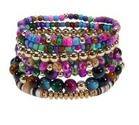 Caiyao 7Pcs Bohemia Multilayer Stackable Crystal Beaded Bracelet Set Multicolor Surfer Heishi Clay Gold Beaded Friendship Stretch Bracelets for Women Men Summer Beach Boho Vacation Jewelry Gifts, M