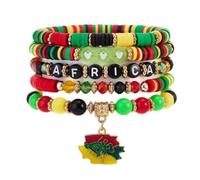 Caiyao Bohemia Black History Month Stackable Beaded Bracelets Set Multilayer Juneteenth African Red Yellow Green Clay Beaded Stretch Bracelet for Women Men Jamaica African Holiday Party Jewelry, M