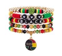 Caiyao Bohemia Black History Month Stackable Beaded Bracelets Set Multilayer Juneteenth African Red Yellow Green Clay Beaded Stretch Bracelet for Women Men Jamaica African Holiday Party Jewelry, M