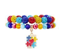 Caiyao Colorful Autism Awareness Elastic Bracelets Multilayer Ribbon Love Heart Puzzle Cross Crystal Glass Beaded Stackable Bracelet for Women Men Autism Teacher Friend Yoga Meditation Jewelry Gifts