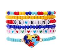 Caiyao Colorful Autism Awareness Elastic Bracelets Multilayer Ribbon Love Heart Puzzle Cross Crystal Glass Beaded Stackable Bracelet for Women Men Autism Teacher Friend Yoga Meditation Jewelry Gifts