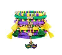 Caiyao Colorful Mardi Gras Theme Bracelets Multilayer Happy Mardi Gras Clay Beaded Stackable Bracelet Yellow Green Purple Heishi Beaded Friendship Stretch Bangles for Women Men Parade Holiday Jewelry