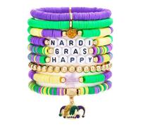 Caiyao Colorful Mardi Gras Theme Bracelets Multilayer Happy Mardi Gras Clay Beaded Stackable Bracelet Yellow Green Purple Heishi Beaded Friendship Stretch Bangles for Women Men Parade Holiday Jewelry