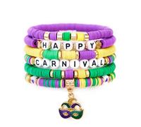 Caiyao Colorful Mardi Gras Theme Bracelets Multilayer Happy Mardi Gras Clay Beaded Stackable Bracelet Yellow Green Purple Heishi Beaded Friendship Stretch Bangles for Women Men Parade Holiday Jewelry