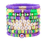 Caiyao Colorful Mardi Gras Theme Bracelets Multilayer Happy Mardi Gras Clay Beaded Stackable Bracelet Yellow Green Purple Heishi Beaded Friendship Stretch Bangles for Women Men Parade Holiday Jewelry