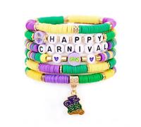 Caiyao Colorful Mardi Gras Theme Bracelets Multilayer Happy Mardi Gras Clay Beaded Stackable Bracelet Yellow Green Purple Heishi Beaded Friendship Stretch Bangles for Women Men Parade Holiday Jewelry
