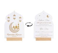 caiydramy Double Sided Ramadan Kareem Iftar Suhoor Dua Sign with Wood Base, 7.1" White Acrylic Islamic Crescent Moon Tabletop Stand Decor, Muslim Eid Mubarak Gifts Shelf Tiered Tray Home Decorations