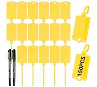 CAIYUANGUANGJIN 150Pcs Blank Plastic Tags, Waterproof Shipping Tags with 2pcs Pens, Yellow Writable Key Storage Marker Ties Hang Tag with Zip Tie for Labeling Luggage