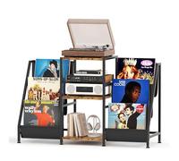 CAIYUN Record Player Stand Storage with 3-Tier and Fabric Drawer, Turntable Table Holds Up to 280 Albums, Cabinet CD Rack for Living Room, Retro Side Table, Rustic Brown Display Shelf
