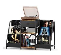 CAIYUN Record Player Stand with 3-Tier Storage, Turntable Table for Living Room, Holds Up to 280 Albums, Bookshelf Display Rack with Black Fabric Drawer, Retro Media Console, Rustic Brown Shelf