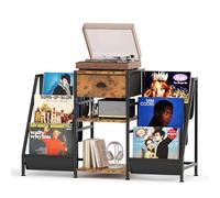 CAIYUN Vinyl Record Player Stand with 3-Tier Storage, Turntable Table for Living Room, Holds Up to 280 Albums, CD Rack with Fabric Drawer, Retro Media Console, Rustic Brown Display Shelf