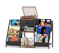 CAIYUN Vinyl Record Player Stand with 3-Tier Storage, Turntable Table for Living Room, Holds Up to 280 Albums, CD Rack with Black Fabric Drawer, Retro Media Console, Rustic Brown Display Shelf