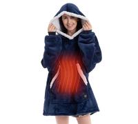 CAIYZH USB Heated Wearable Blanket Electric Hooded Blanket With 3 Heating Levels, Fleece Wearable Fluffy Hooded Blanket Warm Throw Blanket Sweatshirt Robe For Adults(Navy Blue,Built-in Button)