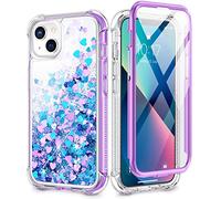 Caka Glitter Case for iPhone 13 & iPhone 14 for Women Girls, Full Body Bling Sparkle Liquid Shockproof Protective Phone Cover with Built-in Screen Protector - Blue Purple