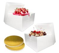 Cake Box 10 Inch Pack of 2 - Includes 2 White Cake Boxes with Removable Lids and 2 Golden Cake Boards - Strong Cardboard Cake Packaging for Cakes, Pies, Muffins, Donuts - Dust & Moisture Resistant