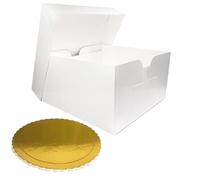 Cake Box 10 Inch Pack of 3 - Includes 3 White Cake Boxes with Removable Lids and 3 Golden Cake Boards - Strong Cardboard Cake Packaging for Cakes, Pies, Muffins, Donuts - Dust & Moisture Resistant