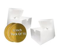Cake Box 8 Inch Pack of 10 - Includes 10 White Cake Boxes with Removable Lids and 10 Golden Cake Boards - Strong Cardboard Cake Packaging for Cakes, Pies, Muffins, Donuts - Dust & Moisture Resistant