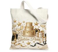 Cake Canvas Tote Bag for Women, Celebration Elegant Stars Champagne Glasses Celebration Gold Washable Reusable Market Tote Ideas for Outdoor Travel Workday Reading 13x15 Inch
