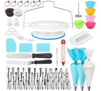 Cake Decorating Baking Supplies Kit 216 Pcs Set with Revolving Turntable 48 Numbered Piping Tips Silicone Bags Muffin Cups Ideal for Beginners and Lovers