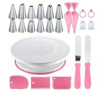 Cake Decorating Kit 24-Piece Cake Decorating Set- Non-Slip Turntable with 12 Piping Tips,Scrapers&Tools for Professional Baking Nozzles for Cake(24PCS-Pink)