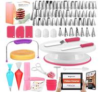 Cake Decorating Kit -RFAQK 200 PCs with Cake Turntable- Cake Leveler- 55 Numbered Piping Tips & Nozzles with Pattern Chart & E-Book- 110 Icings Bags-Straight & Offset Spatula-Scraper Set & Baking Kit