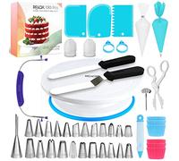 Cake Decorating Kit Tools - RFAQK 130 Pcs Cake Turntable -Cake Leveller-24 Numbered Icing Tips and Piping bags with Pattern Chart & E.Book -Straight and Angled Spatula and other baking set Supplies