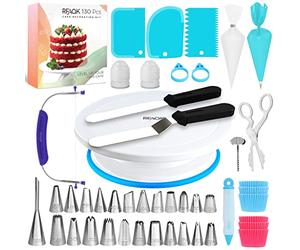 Cake Decorating Kit Tools - RFAQK 130 Pcs Cake Turntable -Cake Leveller-24 Numbered Icing Tips and Piping bags with Pattern Chart & E.Book -Straight and Angled Spatula and other baking set Supplies