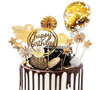 Cake Decorations 13Pcs Cake Toppers Kit Cupcake Topper with Golden Paper Fans Happy Birthday Acrylic Banner Sequins Balloon Fireworks Stars for Gold Theme Birthday Party Anniversary Cake Decor