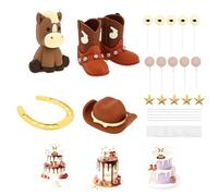 Cake Decorations, Western Cowboy & Cowgirl Cake Topper Set, 3D Polymer Clay Pony Boots Hat Horseshoe Figures, Foam Balloon Balls & Star Picks for Farm Rodeo Theme Birthday Party Decoration(Tan)