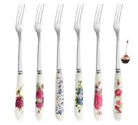 Cake Forks Set of 6, Pastry Forks, 6Pcs Stainless Steel Dessert Fork with Ceramic Handles - Multi-Design Small Fork for Cakes, Fruits, and Snacks - Compact and Easy to Clean