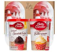 Cake Icing Kit with Betty Crocker Vanilla Buttercream 400g & Chocolate Fudge Icing 400g, Includes 2 Piping Bags with 4 Nozzles