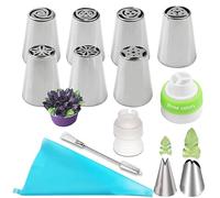 Cake Piping Tips Set Russian Icing Piping Nozzles Tulip Stainless Steel Flower Cream Cake Pastry Tips Leaf Nozzles Silicone Bag Cupcake DIY Piping Nozzles(8Pcs)