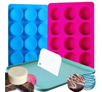 Cake puck Mold Set, Chocolate Covered Flat Cake Pop Mold, 2 Pack Cake Puck Mold with 1 Tray, 1 Scraper, Silicone Desserts Molds for Candy Mini Cakes Jelly Baking