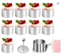 Cake Rings Set, 12 Pcs Stainless Steel Dessert Moulds with Spatula & Food Press, Round Cooking Rings Food Baking Ring Baking Tools for Crumpets, Cheesecakes, Pastries
