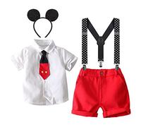 Cake Smash Baby Boys Personalised Mickey Mouse Cosplay Costume Necktie Shirt+Y-Back Suspender+Short+Headband 4pcs Halloween Birthday Party Gentleman Formal Outfits Set for Kids White 2-3 Years