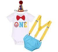 Cake Smash Outfit 1st Birthday Boy Circus Theme Short Sleeve Romper Bodysuit +Bloomers+Y-back Suspenders+Headband 4PCS Wedding Gentleman Clothes Set Carnival Photo Props Blue+Yellow 12 Months