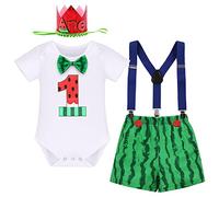 Cake Smash Outfit 1st Birthday Boy Summer fruit Theme Wild One Romper Bodysuit +Bloomers+Y-back Suspenders+Headband 4PCS Wedding Gentleman Carnival Photo Props Watermelon - Pants 12 Months