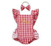 Cake Smash Outfit 1st Birthday Girl One Year Old Party Plaid Bubble Romper Flutter Sleeve Backless Bodysuit One-piece Jumpsuit Playsuit with Bowknot Headband 2pcs Set Photo Shooting Props Red 12-18M