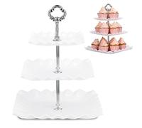 Cake Stand 3 Tier - 2 Pack Afternoon Tea Stand, 34cm Plastic Reusable Tiered Cupcake Display Stand, Large Square 3-Tier Dessert Holding Tower for Birthday Wedding Party Food Serving Platter, White