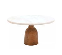 Cake Stand Round Marble With Acacia Wood Base Bake Goods Display Footed 25Cm