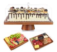 Cake Stand with Lid-Acacia Wood Cake Stand,2-in-1 Shatterproof Serving Platter & Charcuterie Board with Lid, Dessert Table Display for Party,Fruit Tray,Cheese,Veggie,Large Rectangular Cake Dome Cover