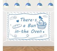 Cake Theme Party Backdrop,There's a Bun in The Oven Theme Babyshower Background,Blue Hand Drawn Baby Shower Banner Party Supplies for Boy Girl