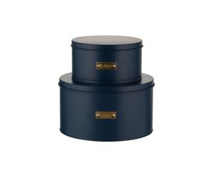 Cake Tins 2pcs Large & Small Matte Blue Cake Storage Ribbed Metal Canister w/Lid