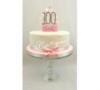 CAKE TOPPER BURST SPRAY DIAMANTE 100th BIRTHDAY BABY PINK & WHITE GLITTER STARS WITH RIBBON